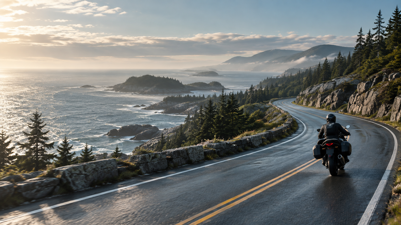 A motorcyclist following a winding coastal road through Maine and Nova Scotia