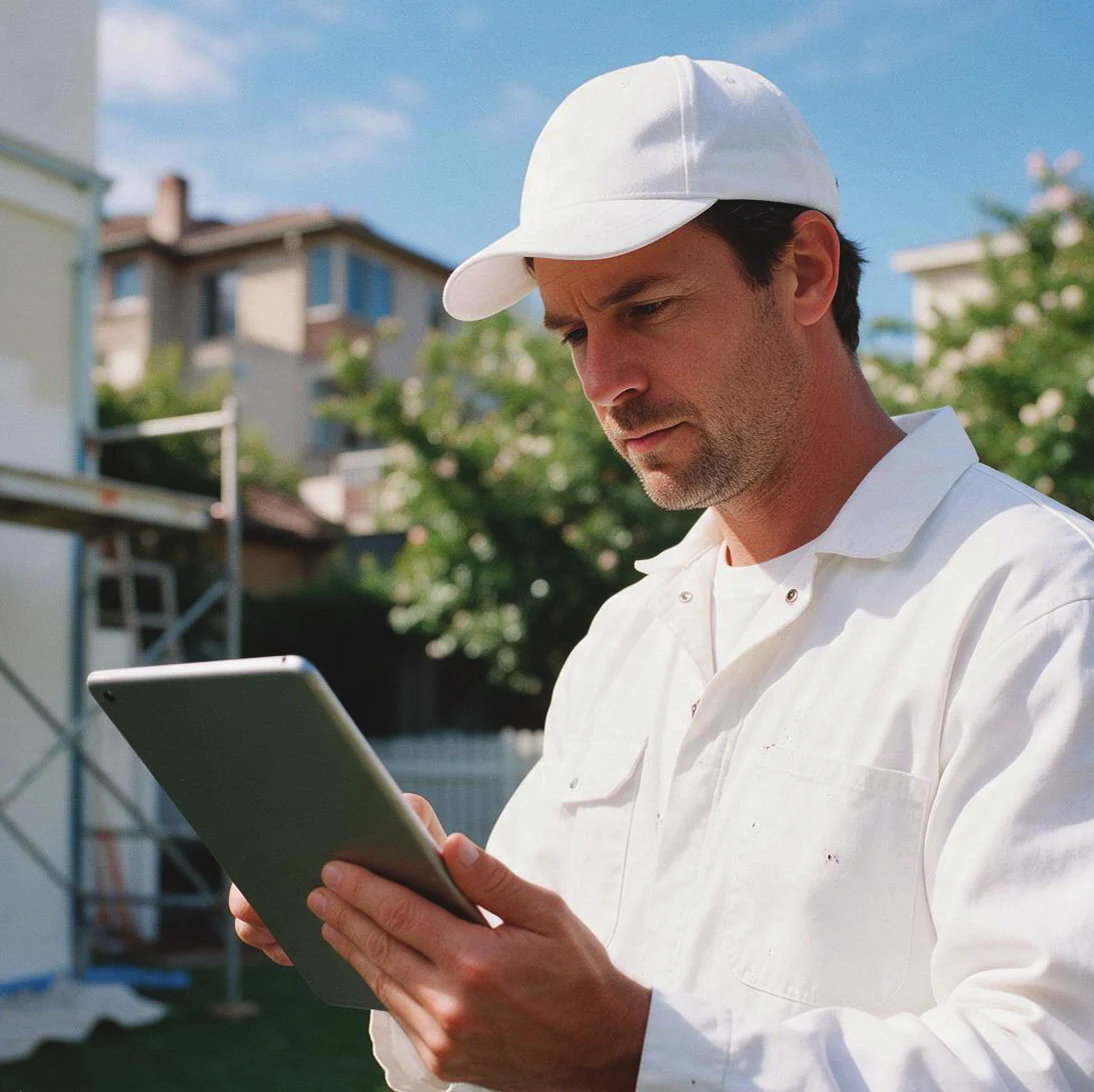 A painting professional reviewing a tablet on site
