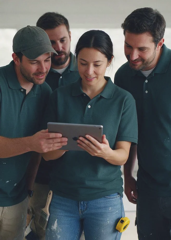 Painting professionals planning together around a tablet